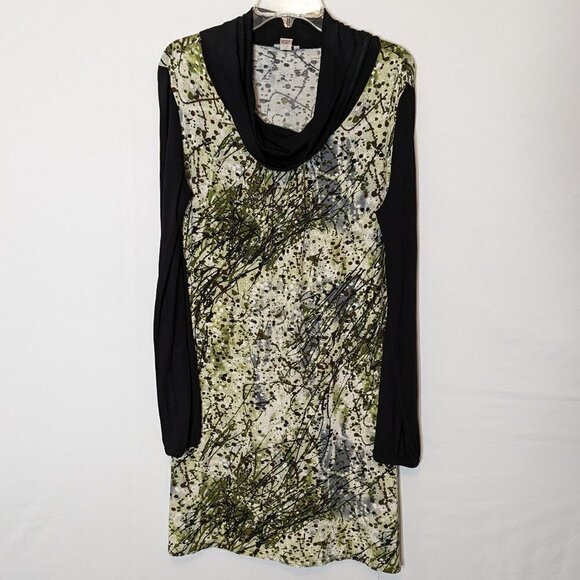 WOMEN'S "ISLE" Black & Green "Paint Spatter Look" Cowl Neck, Knit Dress; Size M - Picture 1 of 5